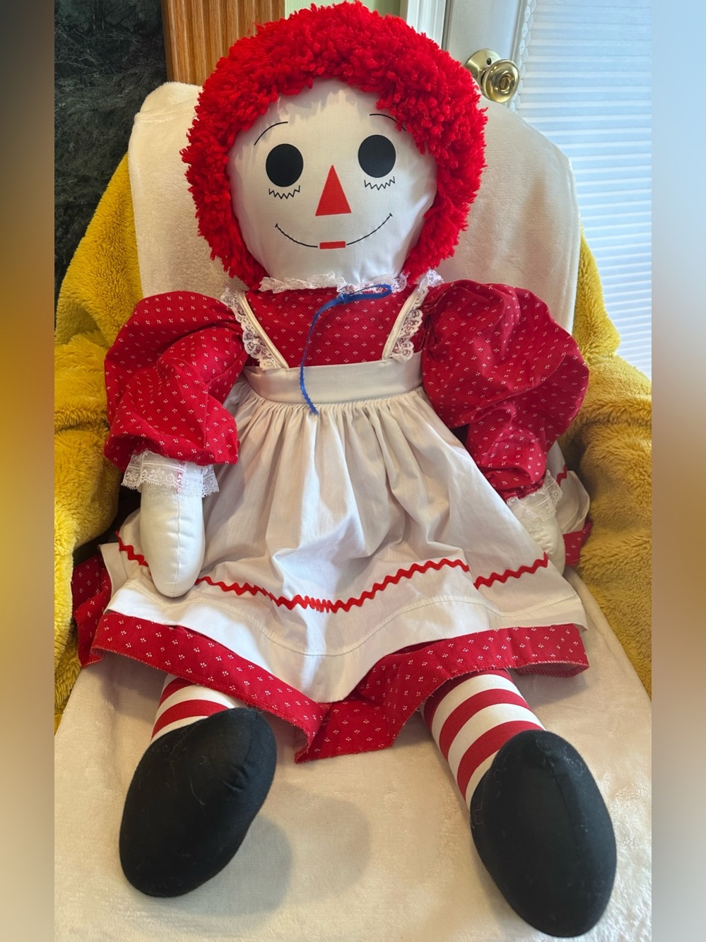 Raggedy Ann Doll Vintage Large 36” Tall Handmade Red Dress White Apron Classic